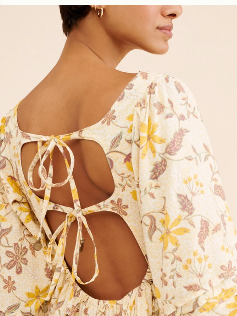 Free People Lola Yellow Floral Square-Neck Mini Dress with Brown Accents Large